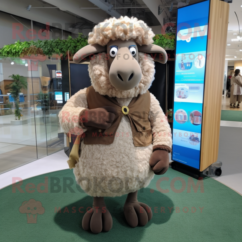 Brown Merino Sheep mascot costume character dressed with a Oxford Shirt and Scarf clips