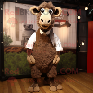 Brown Merino Sheep mascot costume character dressed with a Oxford Shirt and Scarf clips