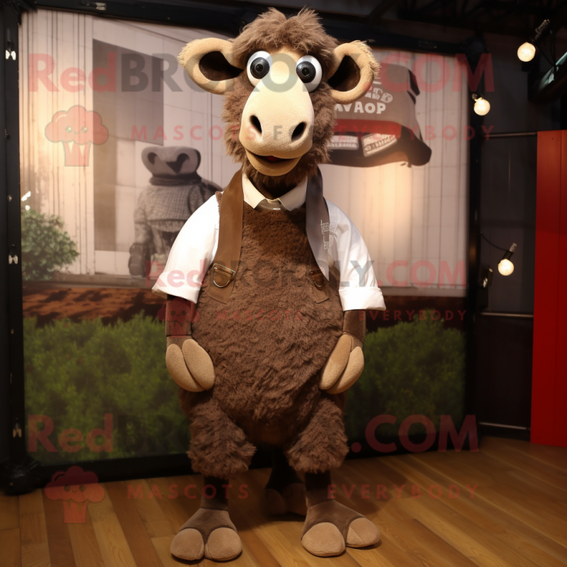 Brown Merino Sheep mascot costume character dressed with a Oxford Shirt and Scarf clips