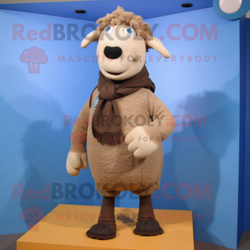 Brown Merino Sheep mascot costume character dressed with a Oxford Shirt and Scarf clips