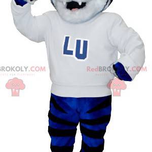 Mascot tigre blanco y negro azul con un suéter blanco -