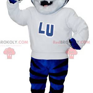 Mascote tigre azul branco e preto com um suéter branco -