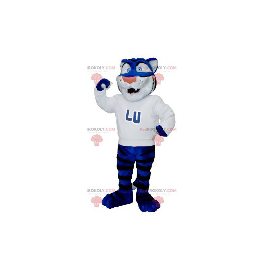 Mascot blauw witte en zwarte tijger met een witte trui -