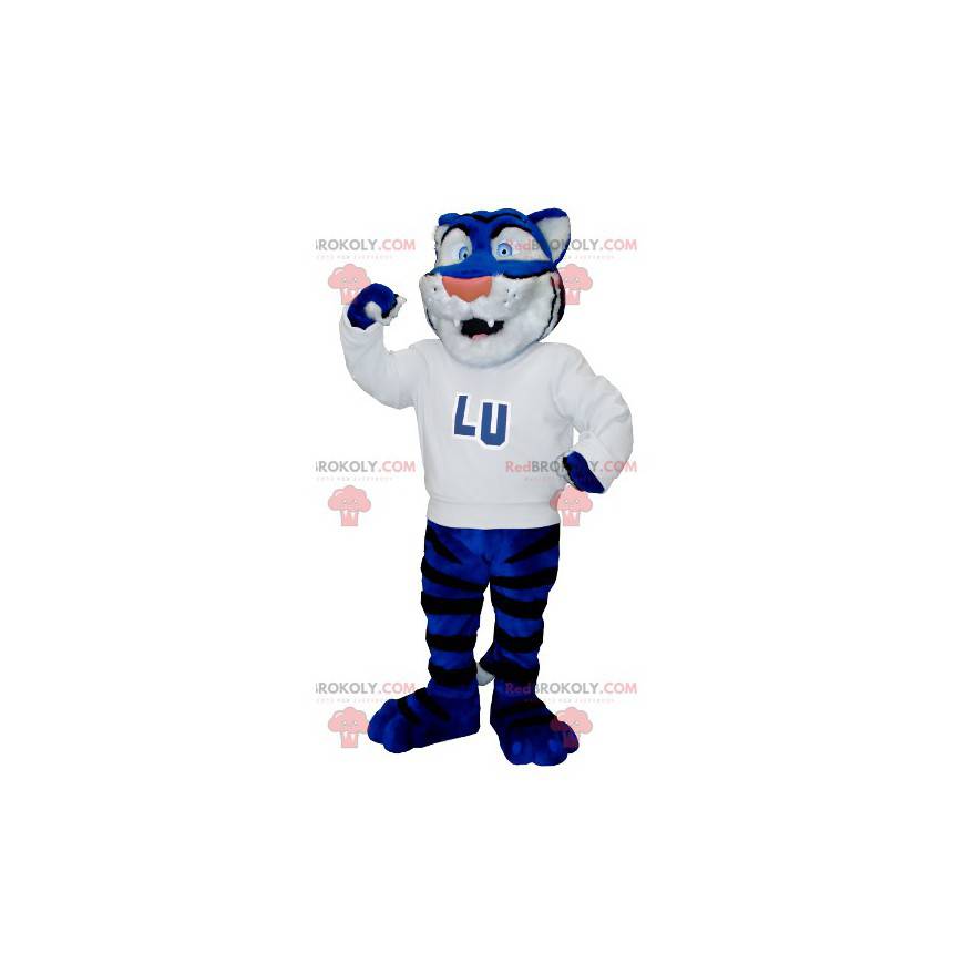 Mascot blue white and black tiger with a white sweater -