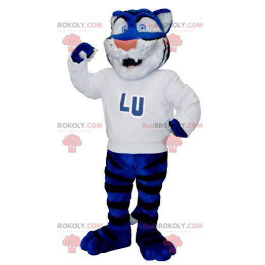 Mascotte de tigre bleu blanc et noir avec un pull blanc -