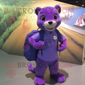 Purple Jaguarundi mascot costume character dressed with a Evening Gown and Backpacks