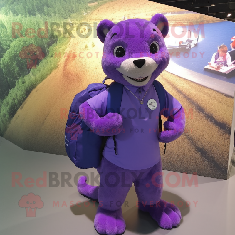 Purple Jaguarundi mascot costume character dressed with a Evening Gown and Backpacks Purple Jaguarundi mascot costume character dressed with a Evening Gown and Backpacks