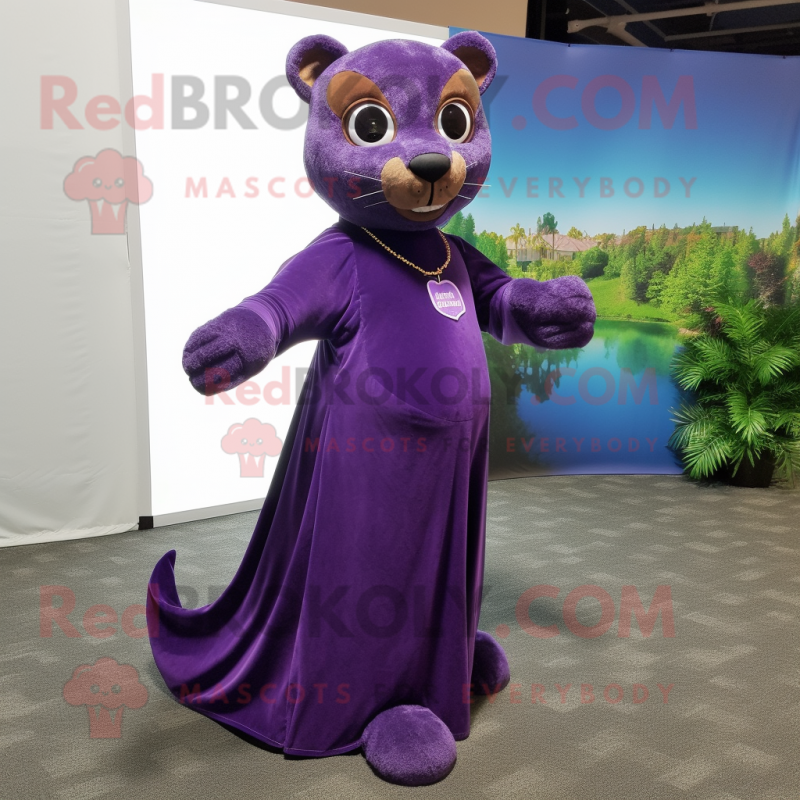 Purple Jaguarundi mascot costume character dressed with a Evening Gown and Backpacks