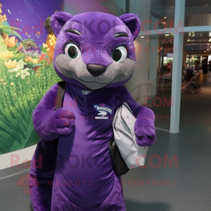 Purple Jaguarundi mascot costume character dressed with a Evening Gown and Backpacks