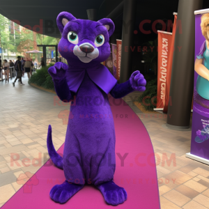 Purple Jaguarundi mascot costume character dressed with a Evening Gown and Backpacks