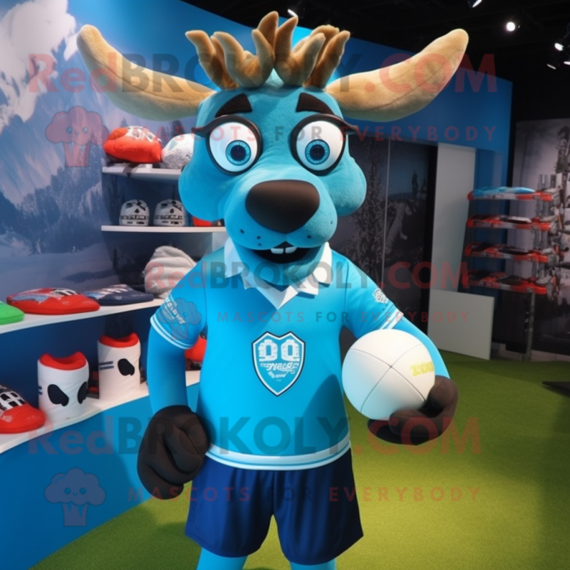 Cyan Deer mascot costume character dressed with a Rugby Shirt and Eyeglasses Cyan Deer mascot costume character dressed with a Rugby Shirt and Eyeglasses