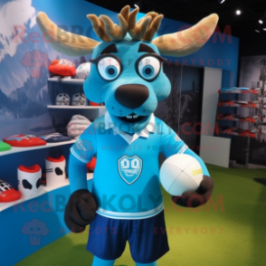 Cyan Deer mascot costume character dressed with a Rugby Shirt and Eyeglasses