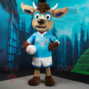 Cyan Deer mascot costume character dressed with a Rugby Shirt and Eyeglasses