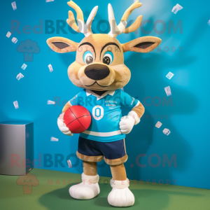 Cyan Deer mascot costume character dressed with a Rugby Shirt and Eyeglasses