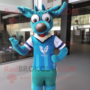 Cyan Deer mascot costume character dressed with a Rugby Shirt and Eyeglasses