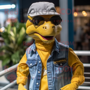 Yellow Utahraptor mascot costume character dressed with a Denim Shirt and Sunglasses