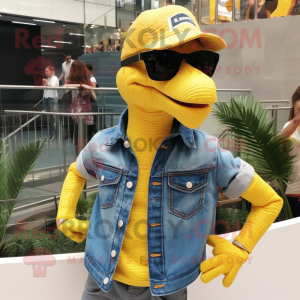Yellow Utahraptor mascot costume character dressed with a Denim Shirt and Sunglasses