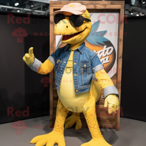 Yellow Utahraptor mascot costume character dressed with a Denim Shirt and Sunglasses