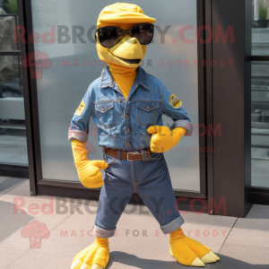 Yellow Utahraptor mascot costume character dressed with a Denim Shirt and Sunglasses