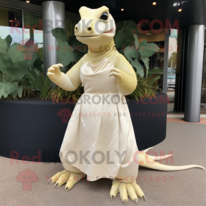 Cream Komodo Dragon mascot costume character dressed with a Ball Gown and Clutch bags
