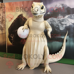 Cream Komodo Dragon mascot costume character dressed with a Ball Gown and Clutch bags