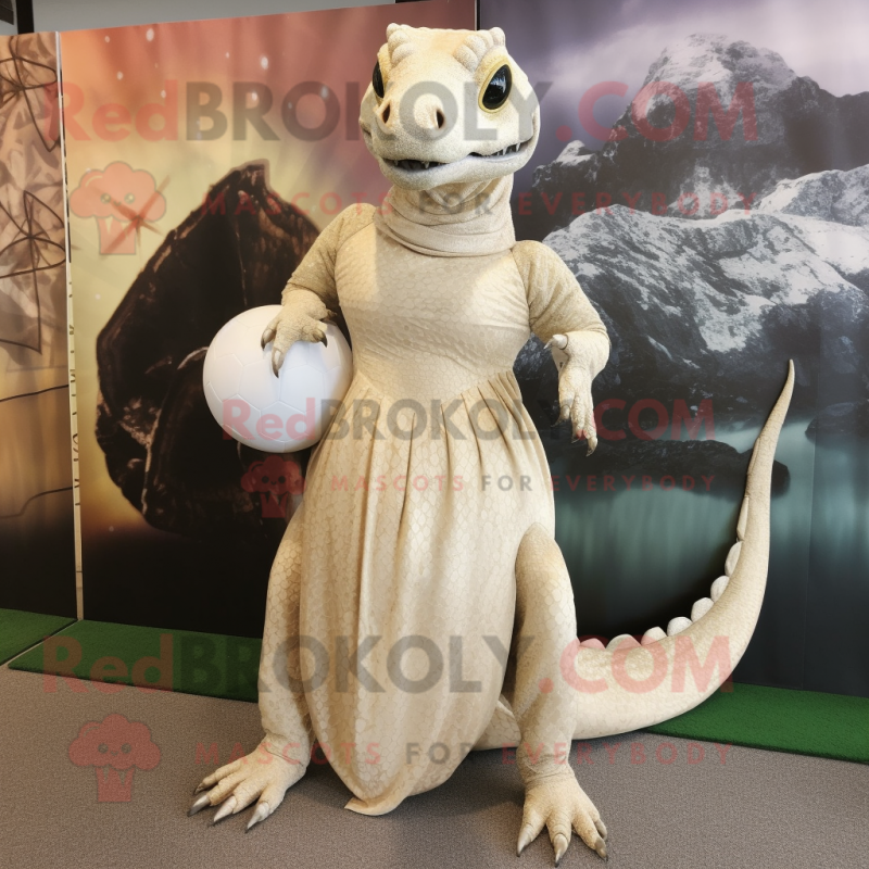 Cream Komodo Dragon mascot costume character dressed with a Ball Gown and Clutch bags Cream Komodo Dragon mascot costume character dressed with a Ball Gown and Clutch bags