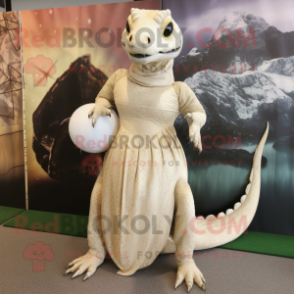 Cream Komodo Dragon mascot costume character dressed with a Ball Gown and Clutch bags