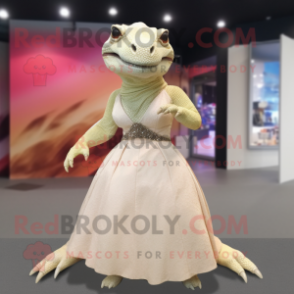 Cream Komodo Dragon mascot costume character dressed with a Ball Gown and Clutch bags