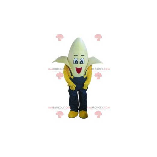 Super funny banana mascot with his blue overalls -