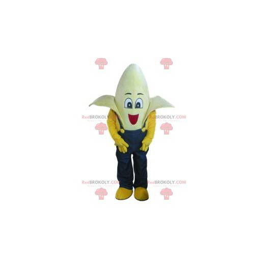 Super grappige bananenmascotte met zijn blauwe overall -