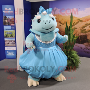 Sky Blue Glyptodon mascot costume character dressed with a Wrap Skirt and Headbands