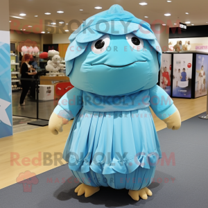 Sky Blue Glyptodon mascot costume character dressed with a Wrap Skirt and Headbands