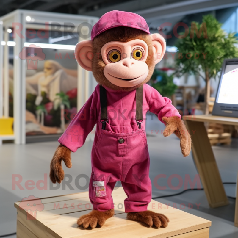 Magenta Capuchin Monkey mascot costume character dressed with a Dungarees and Scarf clips