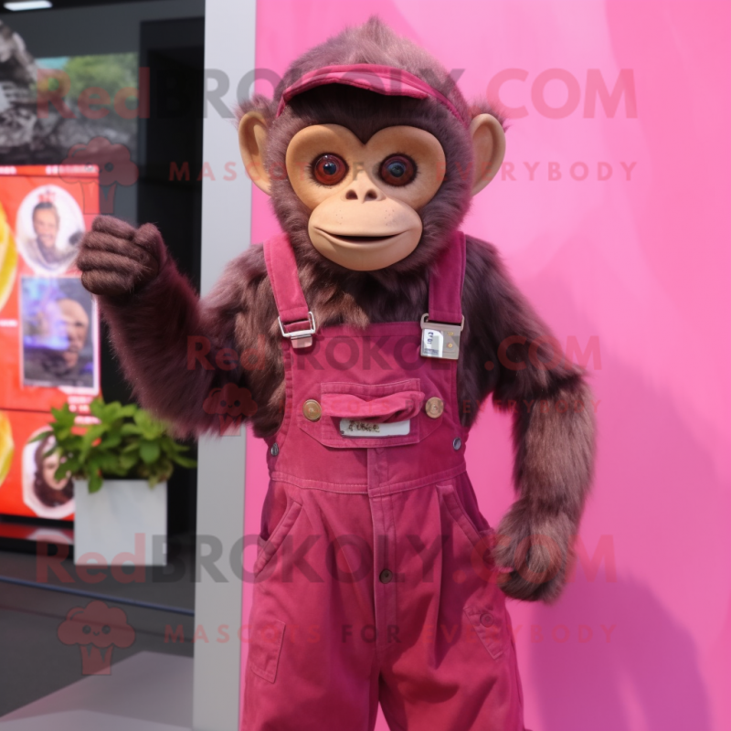 Magenta Capuchin Monkey mascot costume character dressed with a Dungarees and Scarf clips