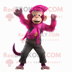 Magenta Capuchin Monkey mascot costume character dressed with a Dungarees and Scarf clips