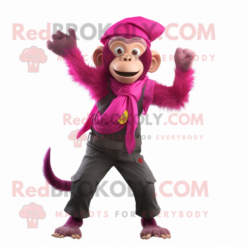 Magenta Capuchin Monkey mascot costume character dressed with a Dungarees and Scarf clips Magenta Capuchin Monkey mascot costume character dressed with a Dungarees and Scarf clips