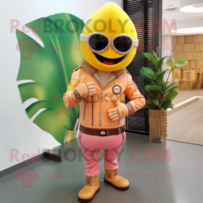 Peach Banana mascot costume character dressed with a Leather Jacket and Bracelets