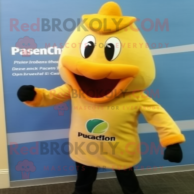 Peach Banana mascot costume character dressed with a Leather Jacket and Bracelets