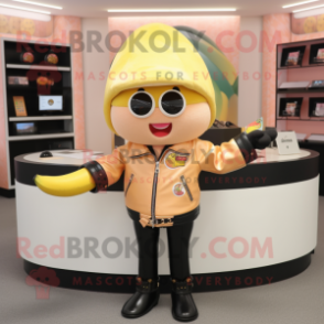 Peach Banana mascot costume character dressed with a Leather Jacket and Bracelets