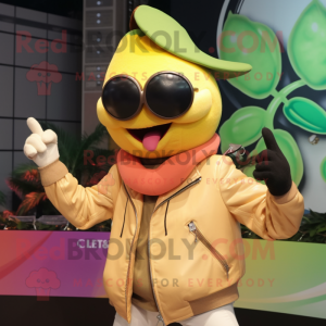 Peach Banana mascot costume character dressed with a Leather Jacket and Bracelets