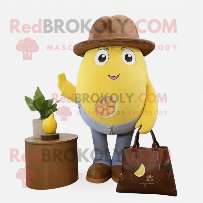 Brown Lemon mascot costume character dressed with a Flare Jeans and Handbags