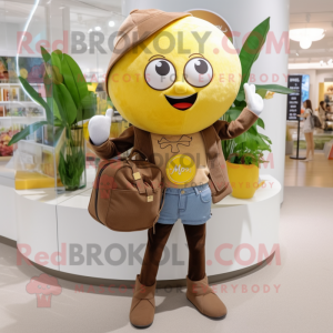 Brown Lemon mascot costume character dressed with a Flare Jeans and Handbags