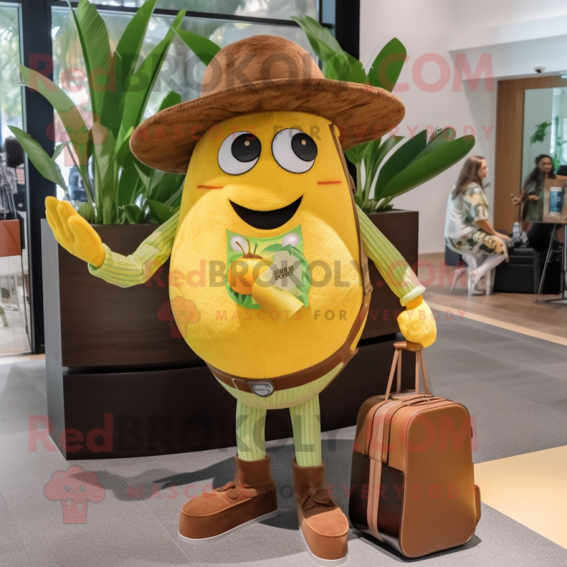 Brown Lemon mascot costume character dressed with a Flare Jeans and Handbags