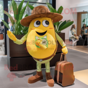 Brown Lemon mascot costume character dressed with a Flare Jeans and Handbags