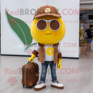 Brown Lemon mascot costume character dressed with a Flare Jeans and Handbags