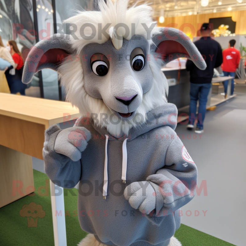 Gray Angora Goat mascot costume character dressed with a Sweatshirt and Pocket squares