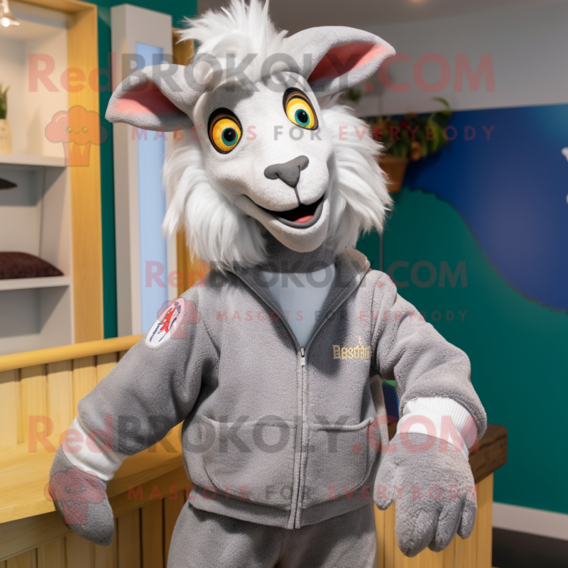 Gray Angora Goat mascot costume character dressed with a Sweatshirt and Pocket squares