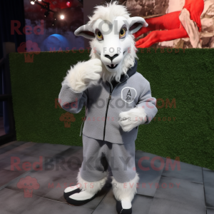 Gray Angora Goat mascot costume character dressed with a Sweatshirt and Pocket squares