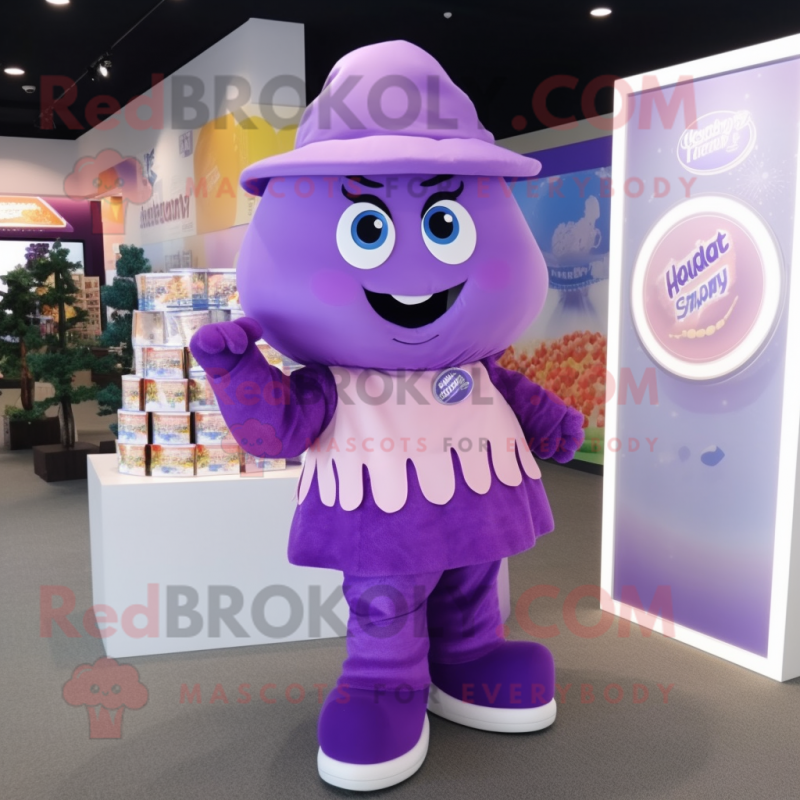 Purple Candy Box mascot costume character dressed with a Blouse and Gloves Purple Candy Box mascot costume character dressed with a Blouse and Gloves