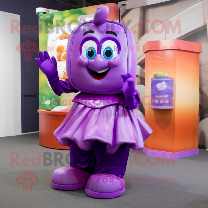 Purple Candy Box mascot costume character dressed with a Blouse and Gloves Purple Candy Box mascot costume character dressed with a Blouse and Gloves